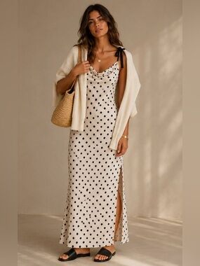 Lush ivory and black polka dot maxi dress size M featuring fit and flare nwt 10